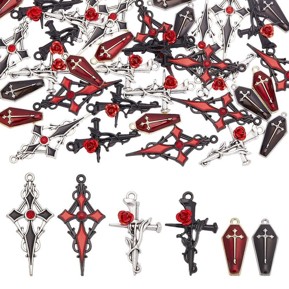 1446 36Pcs 6 Styles Gothic Cross Charms, Halloween Theme Crucifix Pendants